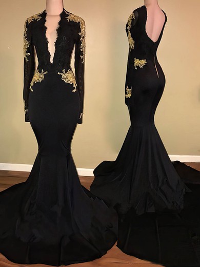 Trumpet/Mermaid V-neck Jersey Sweep Train Appliques Lace Prom Dresses #Favs020108086
