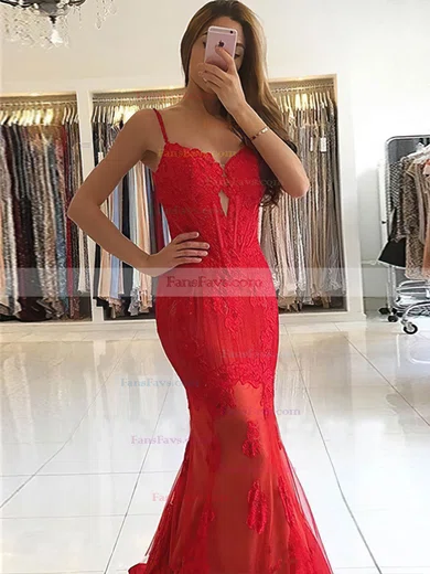 Trumpet/Mermaid V-neck Tulle Sweep Train Appliques Lace Prom Dresses #Favs020108095