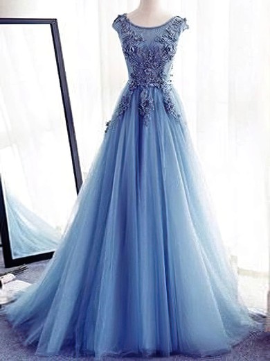 A-line Scoop Neck Tulle Sweep Train Appliques Lace Prom Dresses #Favs020108097