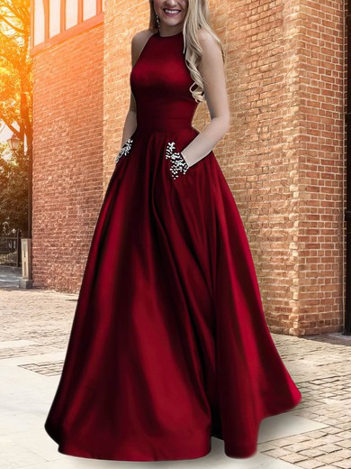 A-line Scoop Neck Satin Floor-length Beading Prom Dresses #Favs020108101