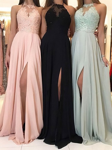 A-line Scoop Neck Chiffon Sweep Train Appliques Lace Prom Dresses #Favs020108102