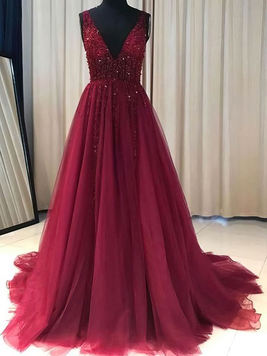 A-line V-neck Tulle Sweep Train Beading Prom Dresses #Favs020108109