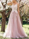A-line Scoop Neck Tulle Sweep Train Appliques Lace Prom Dresses #Favs020108110
