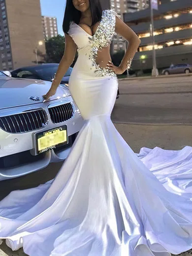 Trumpet/Mermaid V-neck Jersey Sweep Train Beading Prom Dresses #Favs020108113