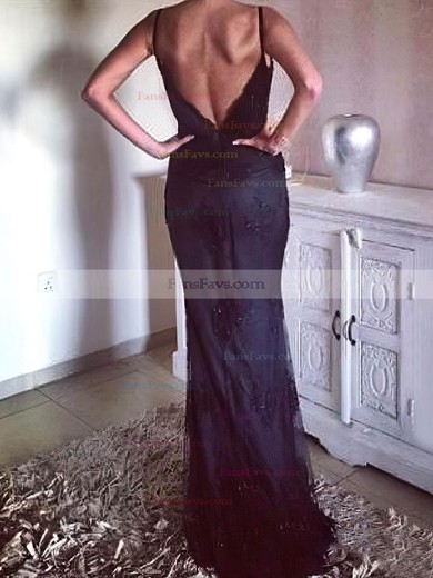 Sheath/Column V-neck Tulle Sweep Train Appliques Lace Prom Dresses #Favs020105235