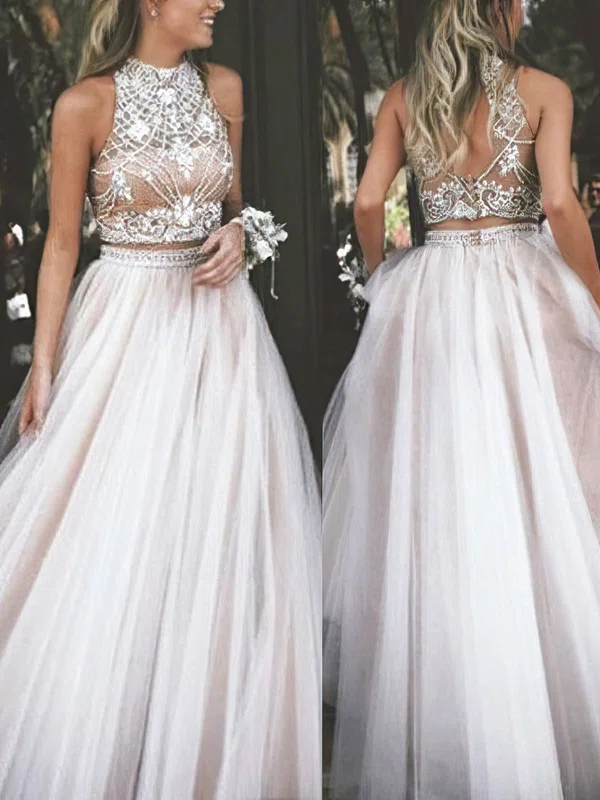 A-line Scoop Neck Tulle Sweep Train Beading Prom Dresses #Favs020108122