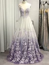 A-line V-neck Tulle Sweep Train Appliques Lace Prom Dresses #Favs020108124