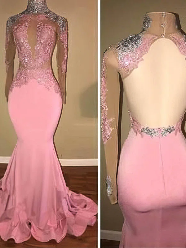 Trumpet/Mermaid High Neck Lace Jersey Sweep Train Appliques Lace Prom Dresses #Favs020108127