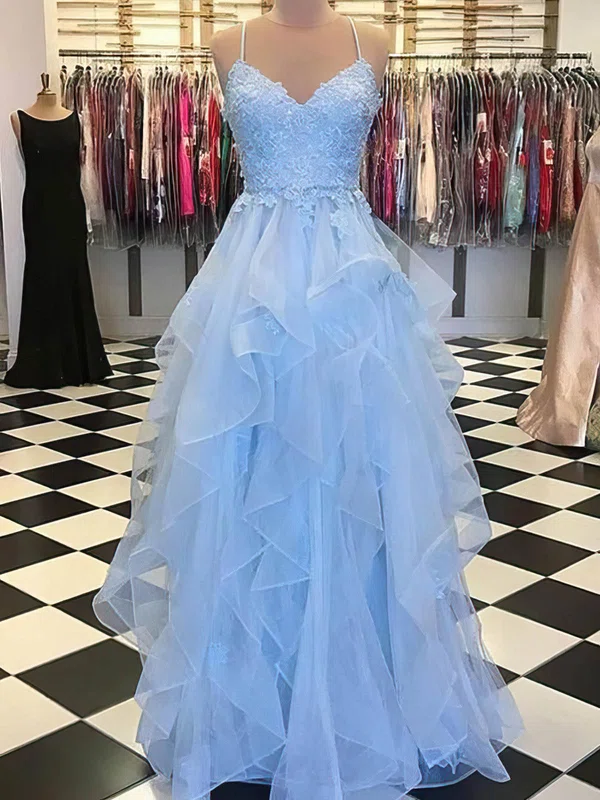 A-line V-neck Tulle Sweep Train Appliques Lace Prom Dresses #Favs020108129