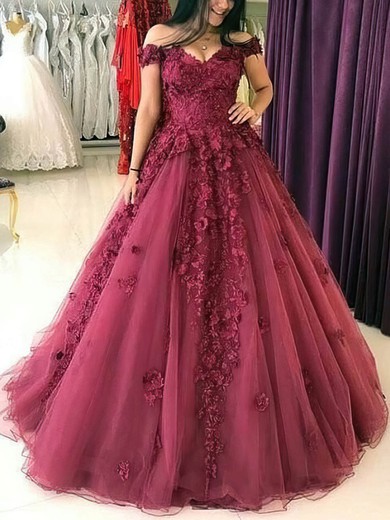 Ball Gown Off-the-shoulder Tulle Sweep Train Appliques Lace Prom Dresses #Favs020108130