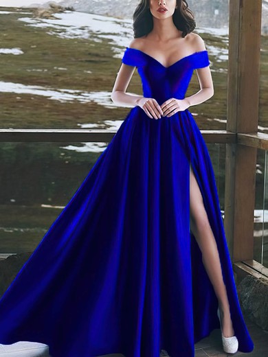 A-line Off-the-shoulder Satin Sweep Train Split Front Prom Dresses #Favs020108135