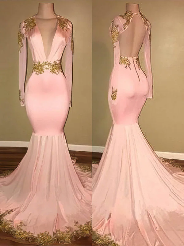 Trumpet/Mermaid V-neck Jersey Sweep Train Appliques Lace Prom Dresses #Favs020108137