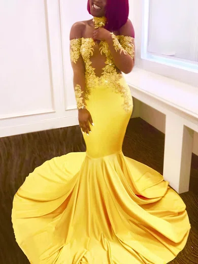 Trumpet/Mermaid High Neck Jersey Sweep Train Appliques Lace Prom Dresses #Favs020108140