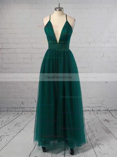 A-line V-neck Tulle Sweep Train Ruffles Prom Dresses #Favs020108141