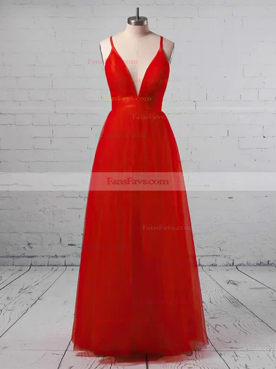 A-line V-neck Tulle Sweep Train Ruffles Prom Dresses #Favs020108141