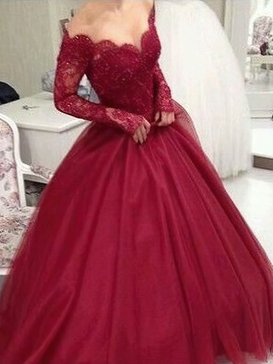 Ball Gown Off-the-shoulder Tulle Sweep Train Appliques Lace Prom Dresses #Favs020108148