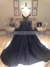 A-line V-neck Silk-like Satin Sweep Train Beading Prom Dresses #Favs020108159