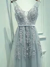 A-line V-neck Lace Tulle Sweep Train Appliques Lace Prom Dresses #Favs020108161