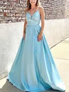 A-line V-neck Silk-like Satin Sweep Train Ruffles Prom Dresses #Favs020108199