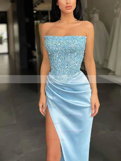 Sheath/Column Strapless Silk-like Satin Sweep Train Beading Prom Dresses #Favs020108204
