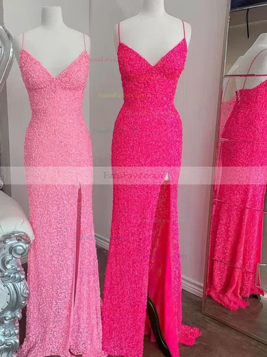 Sheath/Column V-neck Sequined Sweep Train Split Front Prom Dresses #Favs020108168