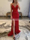 Sheath/Column V-neck Sequined Sweep Train Split Front Prom Dresses #Favs020108168