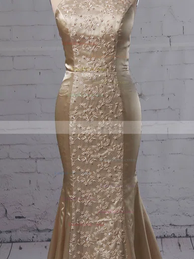 Trumpet/Mermaid Scoop Neck Silk-like Satin Sweep Train Lace Prom Dresses #Favs020105251