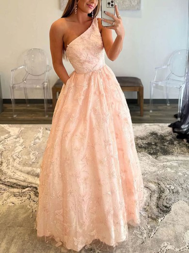 A-line One Shoulder Lace Sequined Sweep Train Beading Prom Dresses #Favs020108176