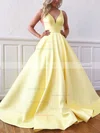 A-line V-neck Satin Sweep Train Prom Dresses #Favs020108180