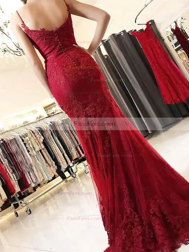 Trumpet/Mermaid V-neck Tulle Sweep Train Appliques Lace Prom Dresses #Favs020108191