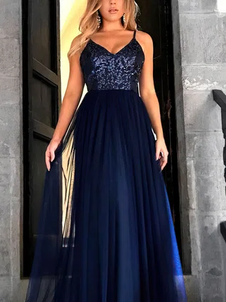 A-line V-neck Tulle Floor-length Sequins Prom Dresses #Favs020105254 A-line V-neck Tulle Floor-length Sequins Prom Dresses #Favs020105254