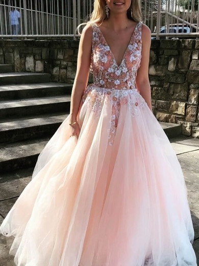 Ball Gown V-neck Tulle Sweep Train Beading Prom Dresses #Favs020108193