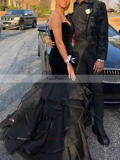 Trumpet/Mermaid Sweetheart Tulle Velvet Sweep Train Tiered Prom Dresses #Favs020108218