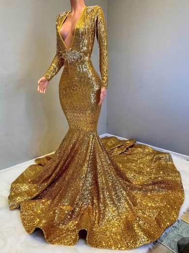Trumpet/Mermaid V-neck Sequined Sweep Train Beading Prom Dresses #Favs020108229