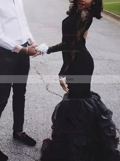 Trumpet/Mermaid Scoop Neck Lace Organza Sweep Train Prom Dresses #Favs020108251