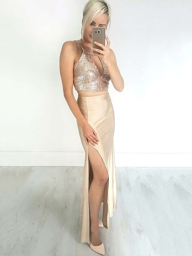 Sheath/Column Scoop Neck Sequined Jersey Ankle-length Split Front Prom Dresses #Favs020105256