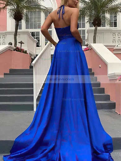 A-line V-neck Silk-like Satin Sweep Train Split Front Prom Dresses #Favs020108258