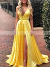 A-line V-neck Silk-like Satin Sweep Train Split Front Prom Dresses #Favs020108258