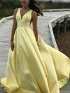 A-line V-neck Satin Sweep Train Prom Dresses #Favs020108262