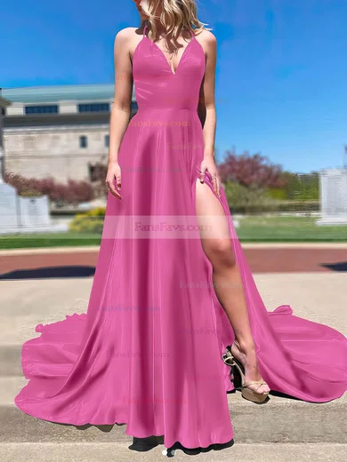 A-line V-neck Silk-like Satin Sweep Train Split Front Prom Dresses #Favs020108266