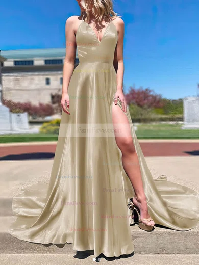 A-line V-neck Silk-like Satin Sweep Train Split Front Prom Dresses #Favs020108266
