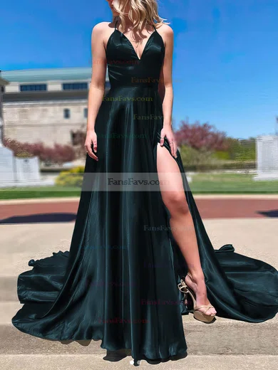 A-line V-neck Silk-like Satin Sweep Train Split Front Prom Dresses #Favs020108266