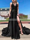 A-line V-neck Silk-like Satin Sweep Train Split Front Prom Dresses #Favs020108266