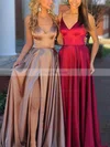 A-line V-neck Silk-like Satin Sweep Train Split Front Prom Dresses #Favs020108266