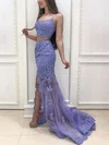 Trumpet/Mermaid Square Neckline Lace Tulle Sweep Train Split Front Prom Dresses #Favs020108288