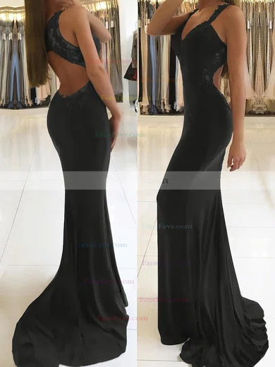 Trumpet/Mermaid V-neck Jersey Sweep Train Appliques Lace Prom Dresses #Favs020105264