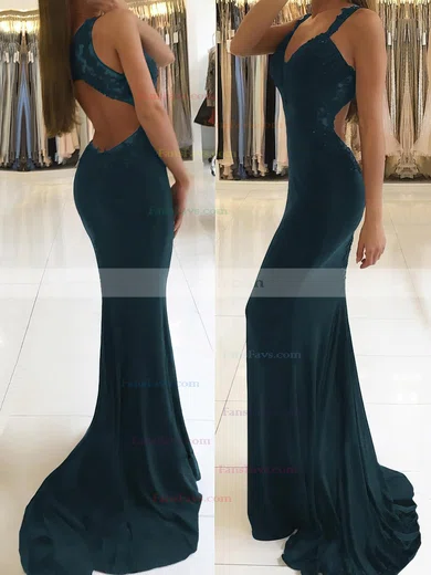 Trumpet/Mermaid V-neck Jersey Sweep Train Appliques Lace Prom Dresses #Favs020105264