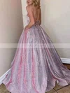 A-line Strapless Glitter Sweep Train Pockets Prom Dresses #Favs020108297
