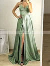 A-line V-neck Silk-like Satin Sweep Train Split Front Prom Dresses #Favs020108299