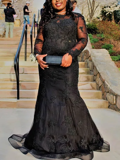 Trumpet/Mermaid Scoop Neck Tulle Sweep Train Beading Prom Dresses #Favs020108300